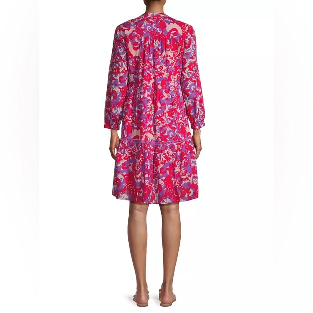 RO’S GARDEN Tyler Abstract Print Cotton Mini Shirt Dress Red/Purple Sz Large - Picture 2 of 16